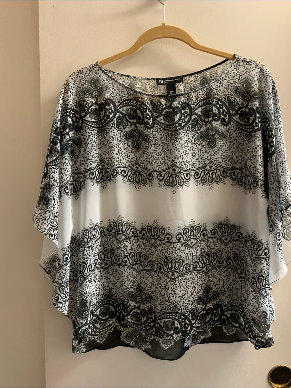 INC International Concepts Black & White Paisley Chiffon Blouse